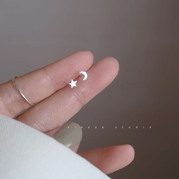 Silver Stud Asymmetrical Sterling Star Crescent Earring 925 FashionChic