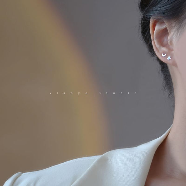 Silver Stud Asymmetrical Sterling Star Crescent Earring 925 FashionChic