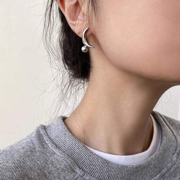 Sterling Silver 925 Crescent Stud Earring Pearl Faux FashionChic