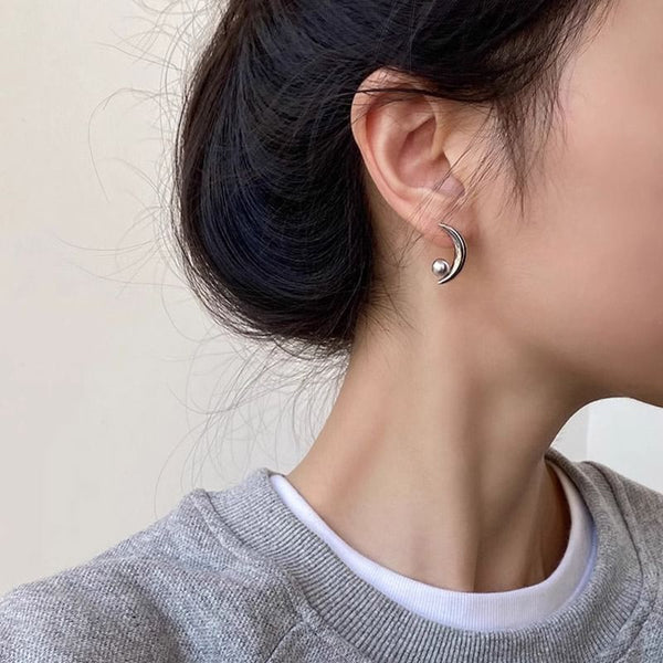 Sterling Silver 925 Crescent Stud Earring Pearl Faux FashionChic