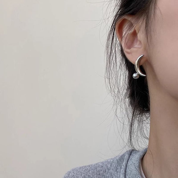 Sterling Silver 925 Crescent Stud Earring Pearl Faux FashionChic
