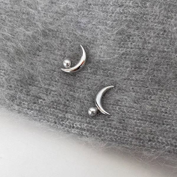 Sterling Silver 925 Crescent Stud Earring Pearl Faux FashionChic