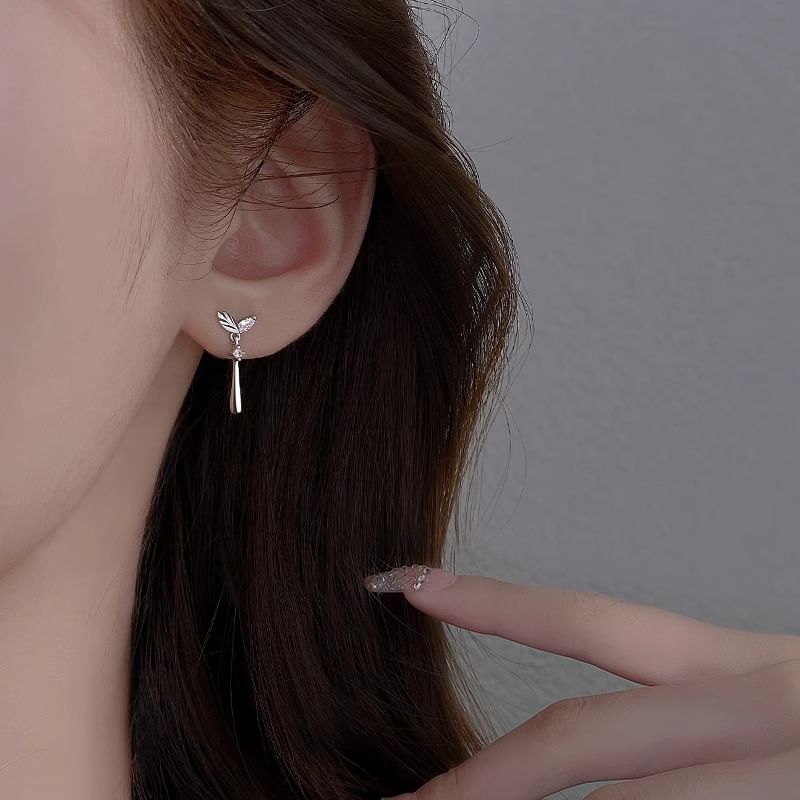 Sterling Rhinestone Drop 925 Leaf Silver Earring FashionChic
