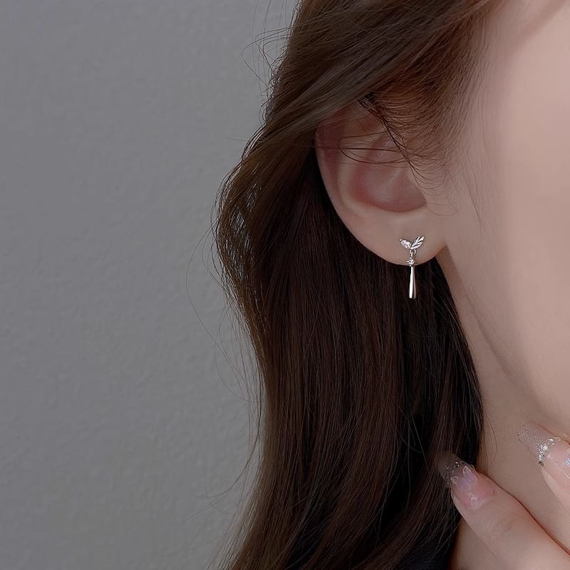 Sterling Rhinestone Drop 925 Leaf Silver Earring FashionChic