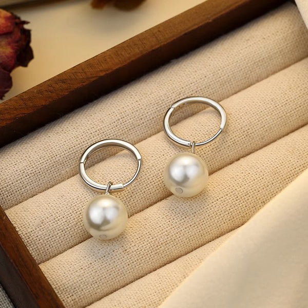 Drop Faux Sterling 925 Earring Hoop Pearl Silver FashionChic
