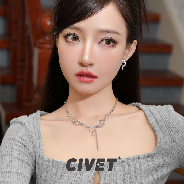 Star Ear Alloy Drop Moon Rhinestone Cuff / Earring FashionChic