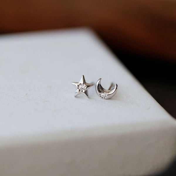 Earring Asymmetrical S999 Moon Star Silver Stud Rhinestone FashionChic