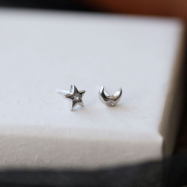 Earring Asymmetrical S999 Moon Star Silver Stud Rhinestone FashionChic