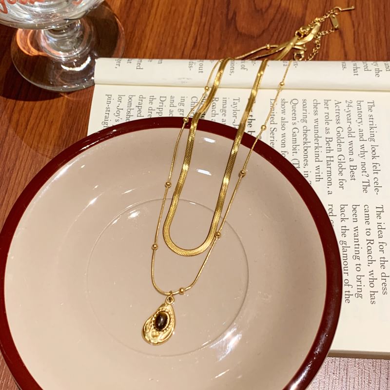 / Set Stone Pendant Necklace Snakebone FashionChic