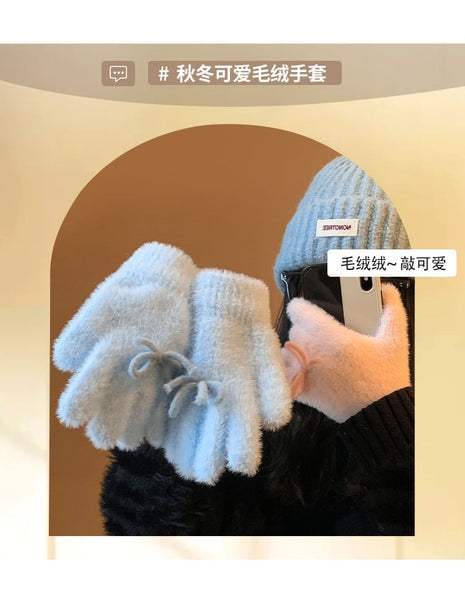 Bow Gloves Fluffy Knit FashionChic