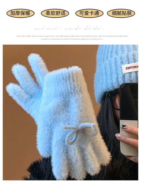 Bow Gloves Fluffy Knit FashionChic