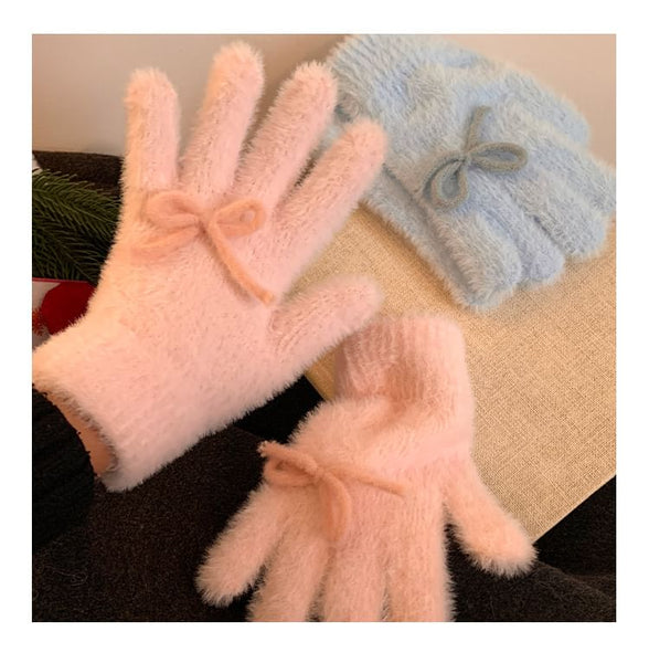 Bow Gloves Fluffy Knit FashionChic
