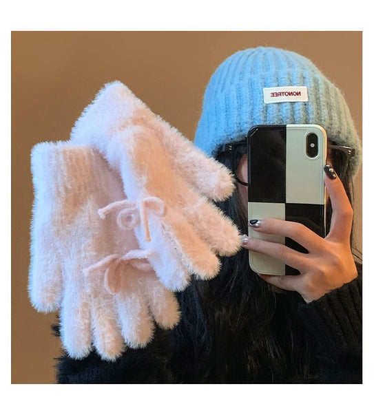 Bow Gloves Fluffy Knit FashionChic