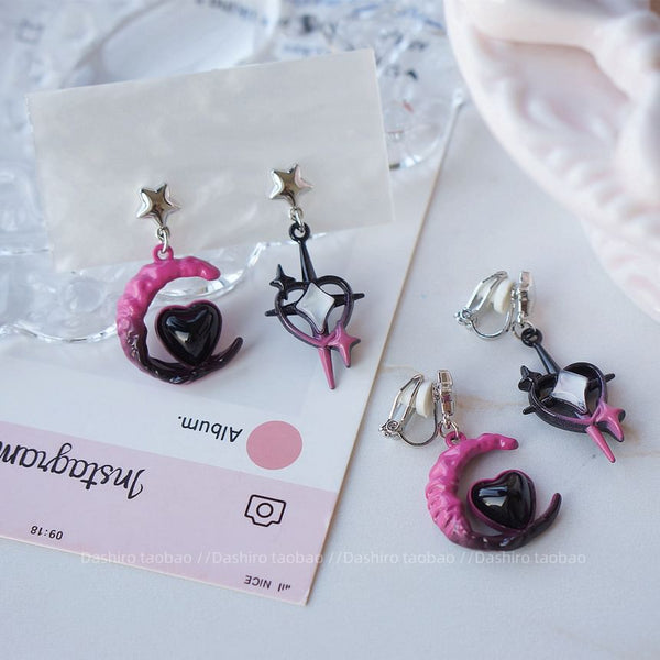 Earring Drop Clip-On Moon Asymmetrical Star / FashionChic