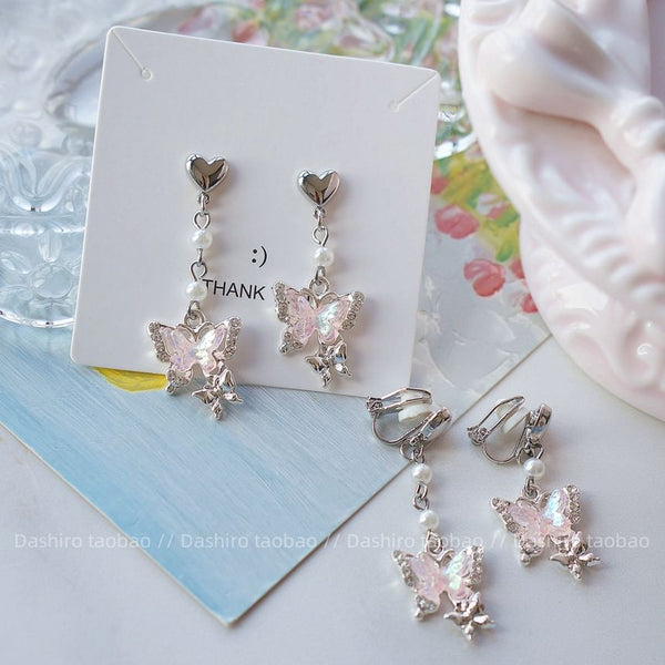 On Clip Earring Rhinestone / Butterfly Drop FashionChic