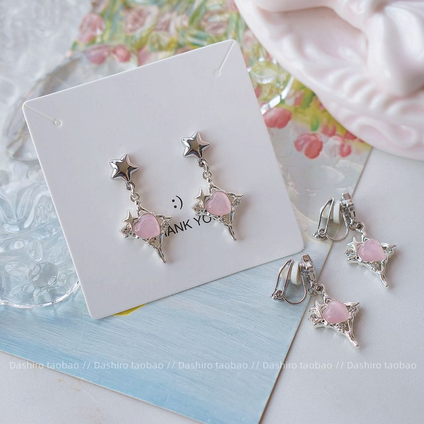 Star / Heart Clip Drop On Rhinestone Earring FashionChic