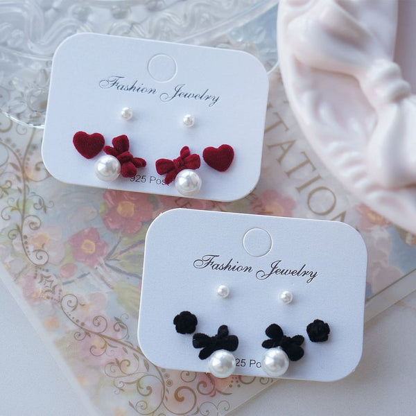 Pairs: Bow Earring Faux of Pearl 3 Set Stud Asymmetrical FashionChic