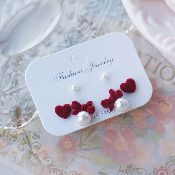 Pairs: Bow Earring Faux of Pearl 3 Set Stud Asymmetrical FashionChic