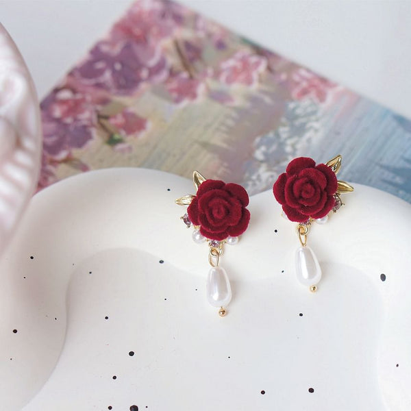 / Drop Earring Faux Clip Rose Pearl On FashionChic