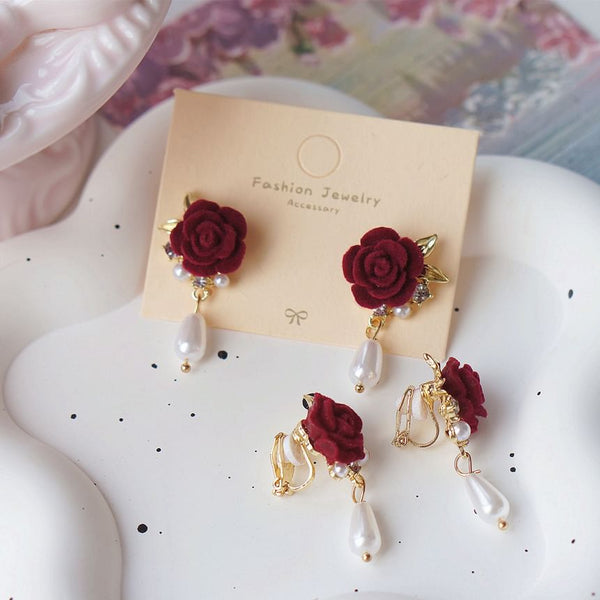 / Drop Earring Faux Clip Rose Pearl On FashionChic