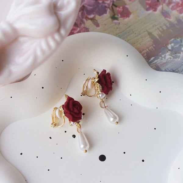/ Drop Earring Faux Clip Rose Pearl On FashionChic