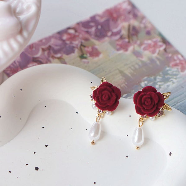 / Drop Earring Faux Clip Rose Pearl On FashionChic