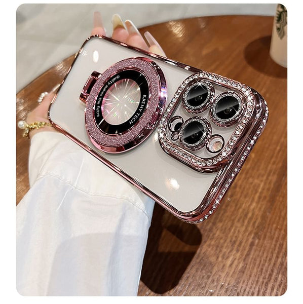 with Phone Rhinestone (Compatible Transparent Case Magnetic MagSafe) Stand FashionChic