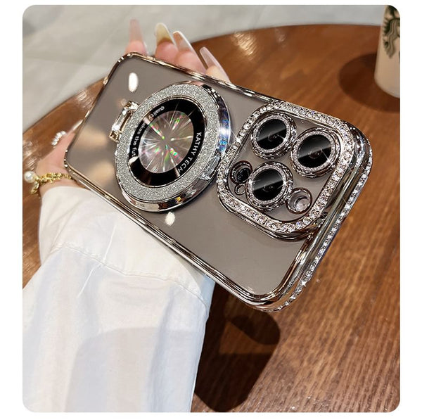 with Phone Rhinestone (Compatible Transparent Case Magnetic MagSafe) Stand FashionChic