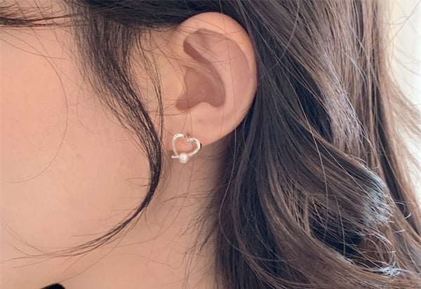 Pearl Heart Stud 925 Sterling Faux Silver Earring FashionChic