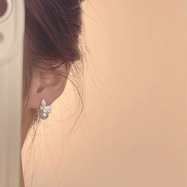 Faux Drop Pearl Alloy Earring Butterfly FashionChic