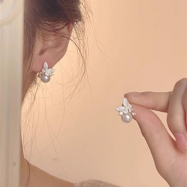 Faux Drop Pearl Alloy Earring Butterfly FashionChic