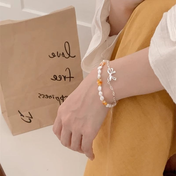 Silver Beaded Bow Sterling 925 Natural / Pearl Bracelet FashionChic