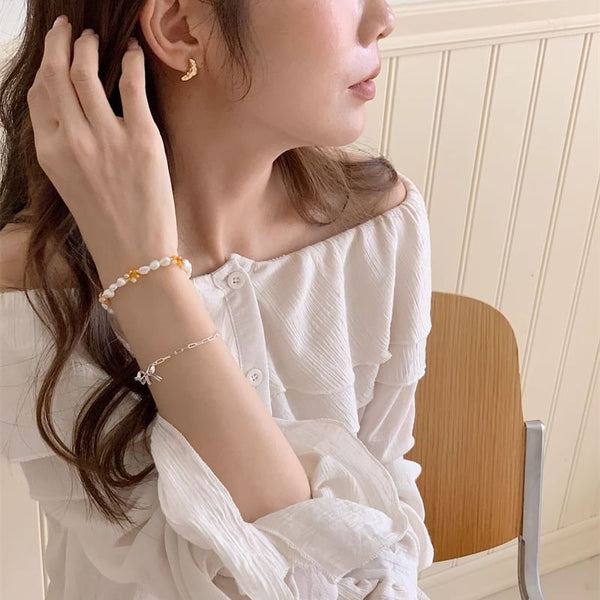 Silver Beaded Bow Sterling 925 Natural / Pearl Bracelet FashionChic