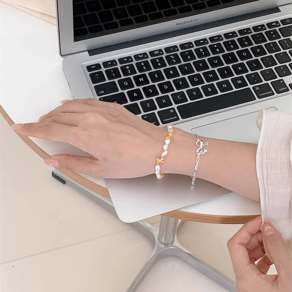 Silver Beaded Bow Sterling 925 Natural / Pearl Bracelet FashionChic