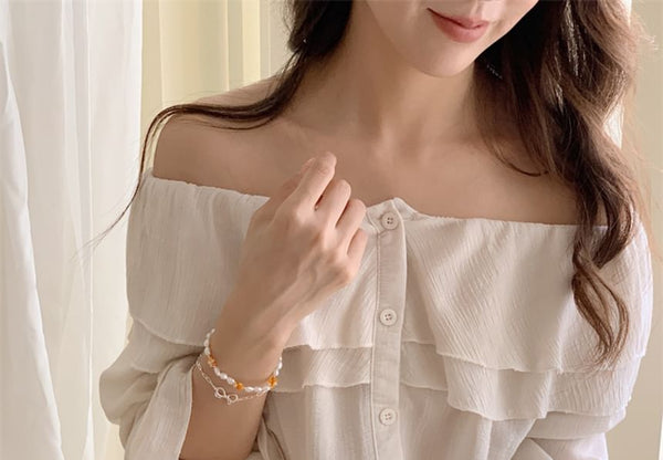 Silver Beaded Bow Sterling 925 Natural / Pearl Bracelet FashionChic