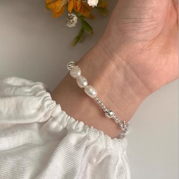 Silver Pearl Faux 925 Sterling Beaded Bracelet FashionChic