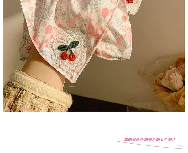 Square Applique Floral Cherry Print Scrunchie FashionChic