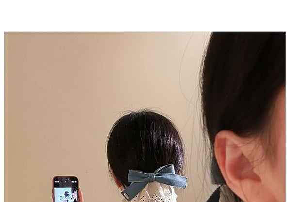 Clip Hair Denim Ruffle Panel Bow FashionChic