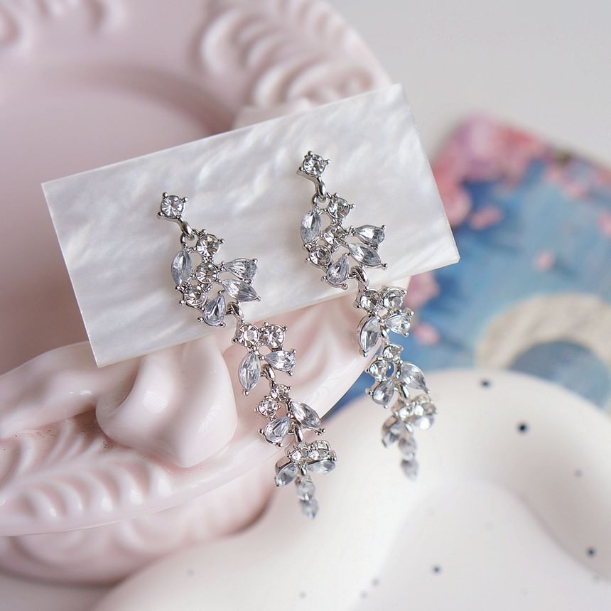 Drop Earring Clip-On Rhinestone Leaf / FashionChic