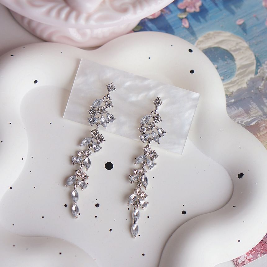 Drop Earring Clip-On Rhinestone Leaf / FashionChic