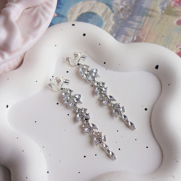 Drop Earring Clip-On Rhinestone Leaf / FashionChic