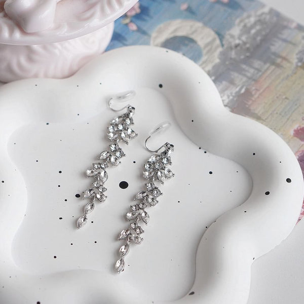 Drop Earring Clip-On Rhinestone Leaf / FashionChic