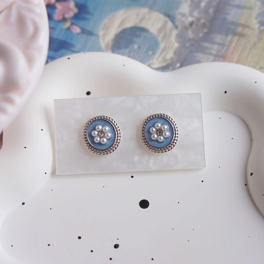 Rhinestone Flower Earring Ear Stud Clip-On / Pearl Faux FashionChic