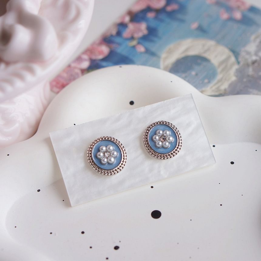 Rhinestone Flower Earring Ear Stud Clip-On / Pearl Faux FashionChic
