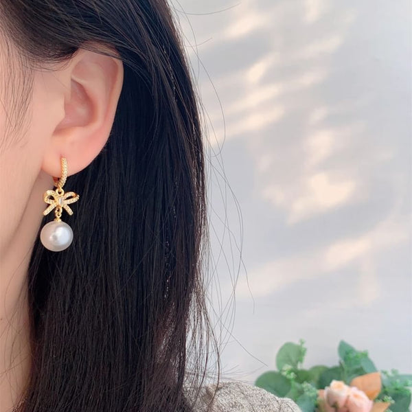 Rhinestone Earring Drop Huggie Pearl Faux Bow FashionChic