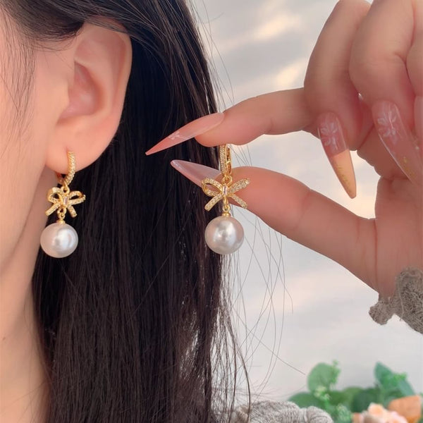 Rhinestone Earring Drop Huggie Pearl Faux Bow FashionChic