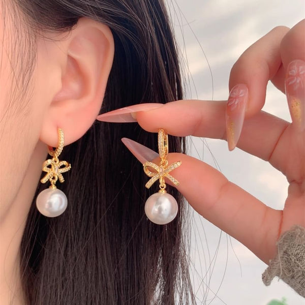 Rhinestone Earring Drop Huggie Pearl Faux Bow FashionChic