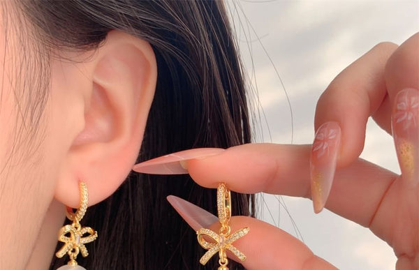 Rhinestone Earring Drop Huggie Pearl Faux Bow FashionChic