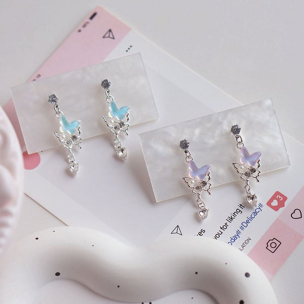 Clip-On Butterfly / Rhinestone Drop Pearl Earring Faux FashionChic