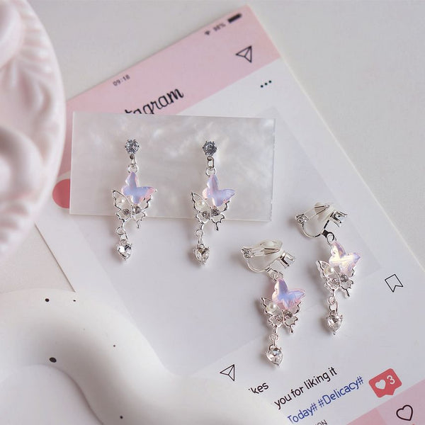 Clip-On Butterfly / Rhinestone Drop Pearl Earring Faux FashionChic